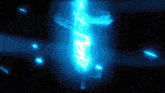 a pixel art drawing of a sword with a blue light coming out of it