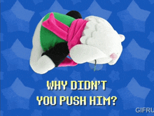 a stuffed animal with the words why didn t you push him