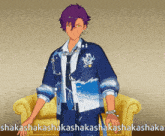 a man in a blue jacket and tie is standing in front of a yellow couch with the words shakashakashakashakashakashakashaka