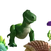 a toy dinosaur from toy story is standing next to a smaller toy dinosaur