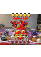 a greeting card with a table full of food and flowers with the number 6 on it