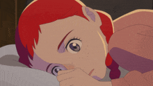 a cartoon of a girl with red hair laying down