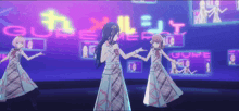 a group of anime girls are dancing in front of a neon sign that says " gure "