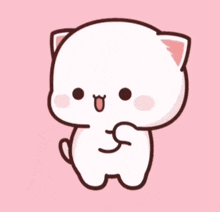 a cartoon cat is standing on a pink background and holding a cup of coffee .