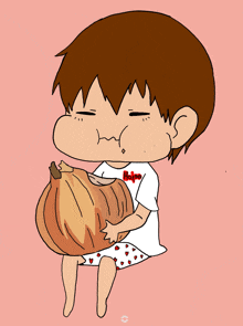 a cartoon drawing of a boy holding a large onion with the word hope on his shirt