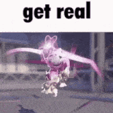 a cartoon character is flying in the air with the words `` get real '' written above it .