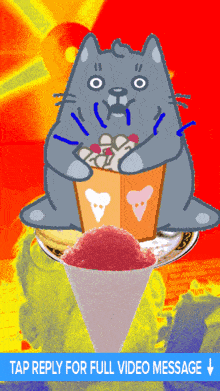 a cartoon cat is sitting on top of a bowl of ice cream with a tap reply for full video message button below it