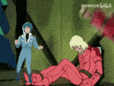 a man in a blue suit is standing next to a man in a red suit and the word bilibili is on the bottom right