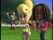 two cartoon characters standing next to each other with the words whoop-de-whoop on the bottom