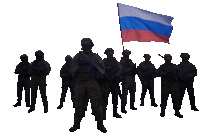 a group of soldiers holding a russian flag in front of a white background