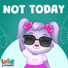 a poster for lucas and friends shows a girl wearing sunglasses and a pink bow