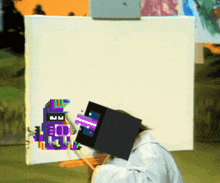 a pixel art painting of a purple monster with the letter u on its face