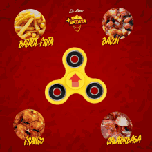 a yellow fidget spinner with french fries bacon and calabresa on it