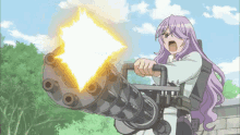 a girl with purple hair is holding a machine gun that is shooting fire