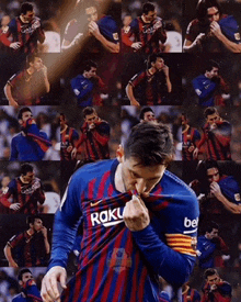 a collage of images of a man wearing a raku jersey