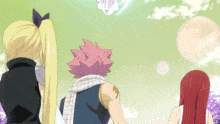 a group of anime characters are standing in front of a sky