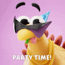 a cartoon chicken wearing sunglasses and a party hat with the words party time below it