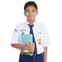 a young boy wearing a white shirt and blue tie is holding a book