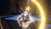 a video game character with a hood on is surrounded by a glowing circle