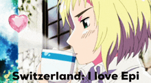 a boy drinking from a cup with the words switzerland i love epi written below him