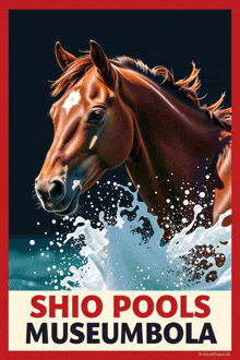 a poster for the shio pools museum shows a brown horse splashing in the water