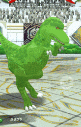 a green dinosaur is standing on a tiled floor in front of a crowd in a video game