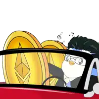 a cartoon of a penguin driving a car with gold coins in the back