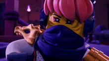 a lego character with pink hair and a purple scarf around his neck