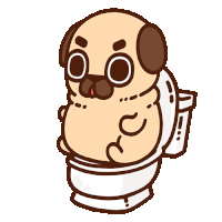 a cartoon pug is sitting on a toilet with a surprised look on his face