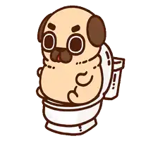 a cartoon pug is sitting on a toilet with a surprised look on his face