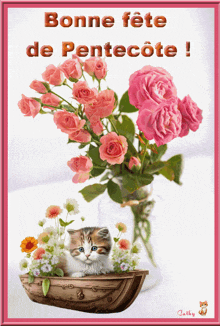 a greeting card with a kitten in a boat surrounded by pink roses and the words bonne fete de pentecote
