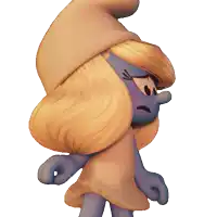 a smurf with blonde hair is wearing a hat and a dress