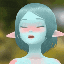 a cartoon character with blue hair and pink cheeks has her eyes closed and her mouth open
