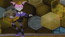 a cartoon spider is standing on a wooden table in a room with a honeycomb background .