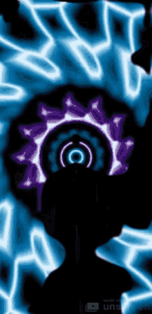 a silhouette of a person is surrounded by blue and purple lightning bolts