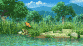 a cartoon of a fox standing on a rock near a body of water