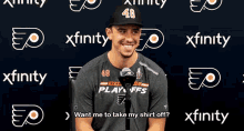 Morgan Frost Want Me To Take My Shirt Off GIF - Morgan Frost Want Me To Take My Shirt Off Philadelphia Flyers GIFs
