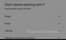 a screen shows girls ' names starting with p