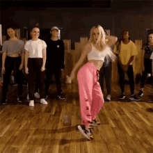 a group of people are dancing in a dance studio .
