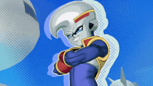a cartoon character with his arms crossed and a blue background