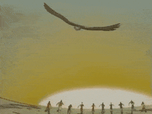 a painting of a group of people running in front of an eagle