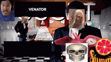 a man in a tuxedo holds a pink stuffed animal in front of a screen that says venatör