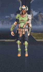 a video game character with a beard and a green armor