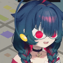 a close up of a girl with red eyes wearing glasses