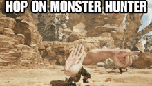 a video game scene with the words hop on monster hunter written above it