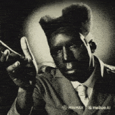 a black and white photo of a man with hailuo ai written below him