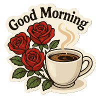 a good morning sticker with a cup of coffee and roses