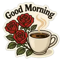a good morning sticker with a cup of coffee and roses