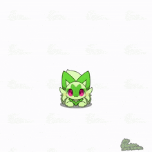 a cartoon drawing of a green and white animal with a leaf on its head