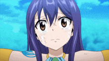 a girl with purple hair and brown eyes looks sad
